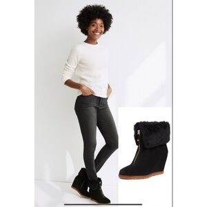 KATE SPADE STASIA BLACK SUEDE WEDGE BOOTIE FAUX FUR CUFF FRONT ZIPPER 7M